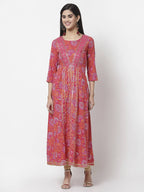 Myshka Women's Pure Red Color Cotton Round Neck Printed 3/4 Sleeve Dress