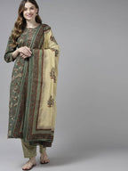 Yufta Women Green and Beige Floral Print Pure Cotton Kurta with Palazzo and Dupatta