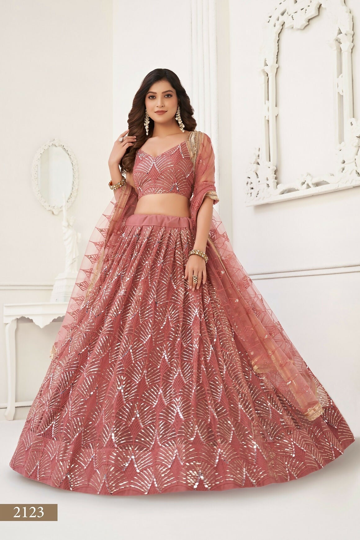 Eilara Glamorous Onion Pink Net With Sequins And Thread Embroidery Real Mirror Work Lehenga Choli For Wedding
