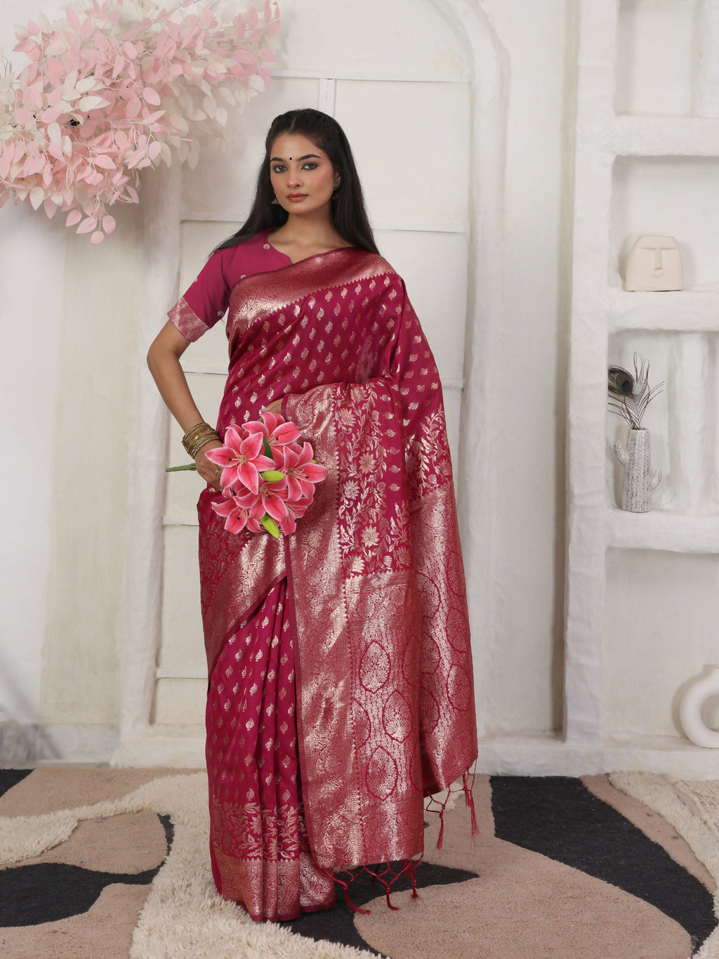 Shree Shyam Fashion Lichi Silk Wine Saree - Distacart