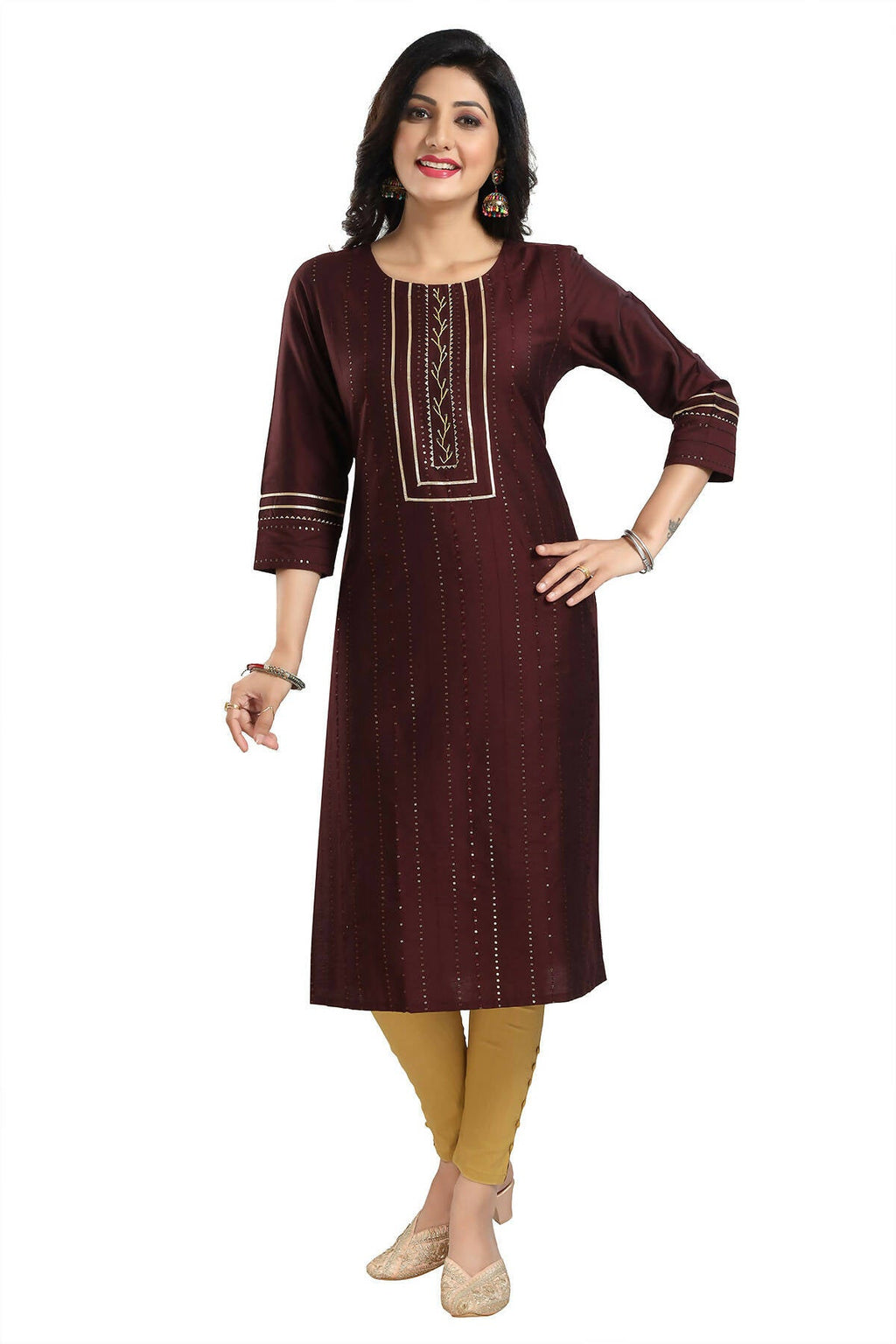 Snehal Creations Beautiful Brown Cotton Silk Designer Long Kurti Tunic With Sequines Embroidery - Distacart