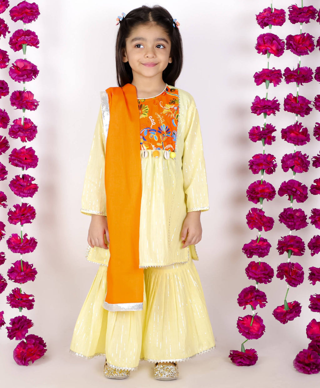 Little Bansi Girls Yellow & Orange Color Mirror work Kurta frock with Sharara & Dupatta