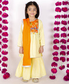 Little Bansi Girls Yellow & Orange Color Mirror work Kurta frock with Sharara & Dupatta