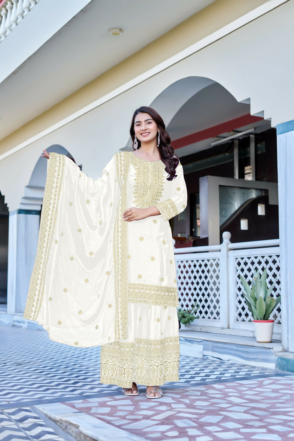 Teeya Creation White Color Chinon Silk Heavy Embroidery Work Wedding Wear Sharara - Distacart