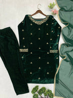 Vastranavya Green Velvet Sequence Embroidery Work Kurta & Bottom With Dupatta - Distacart