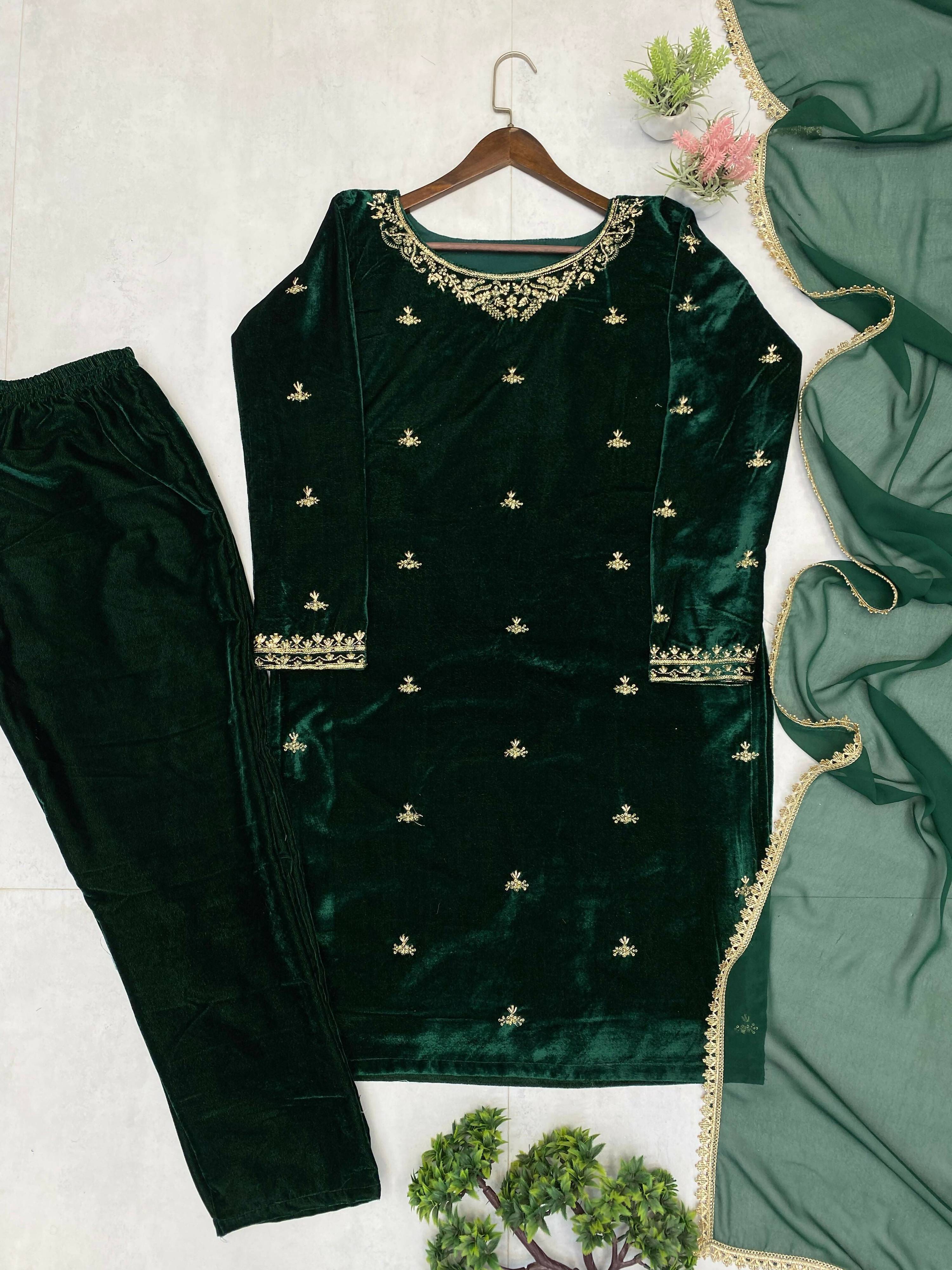 Vastranavya Green Velvet Sequence Embroidery Work Kurta & Bottom With Dupatta - Distacart