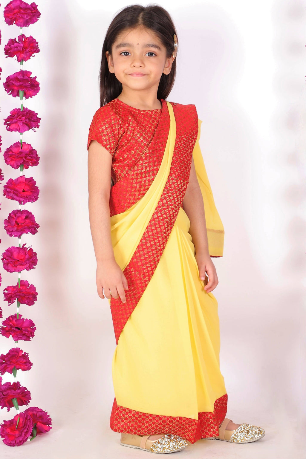 Little Bansi Girls Red and Yellow Color Saree with Floral Brocade Blouse