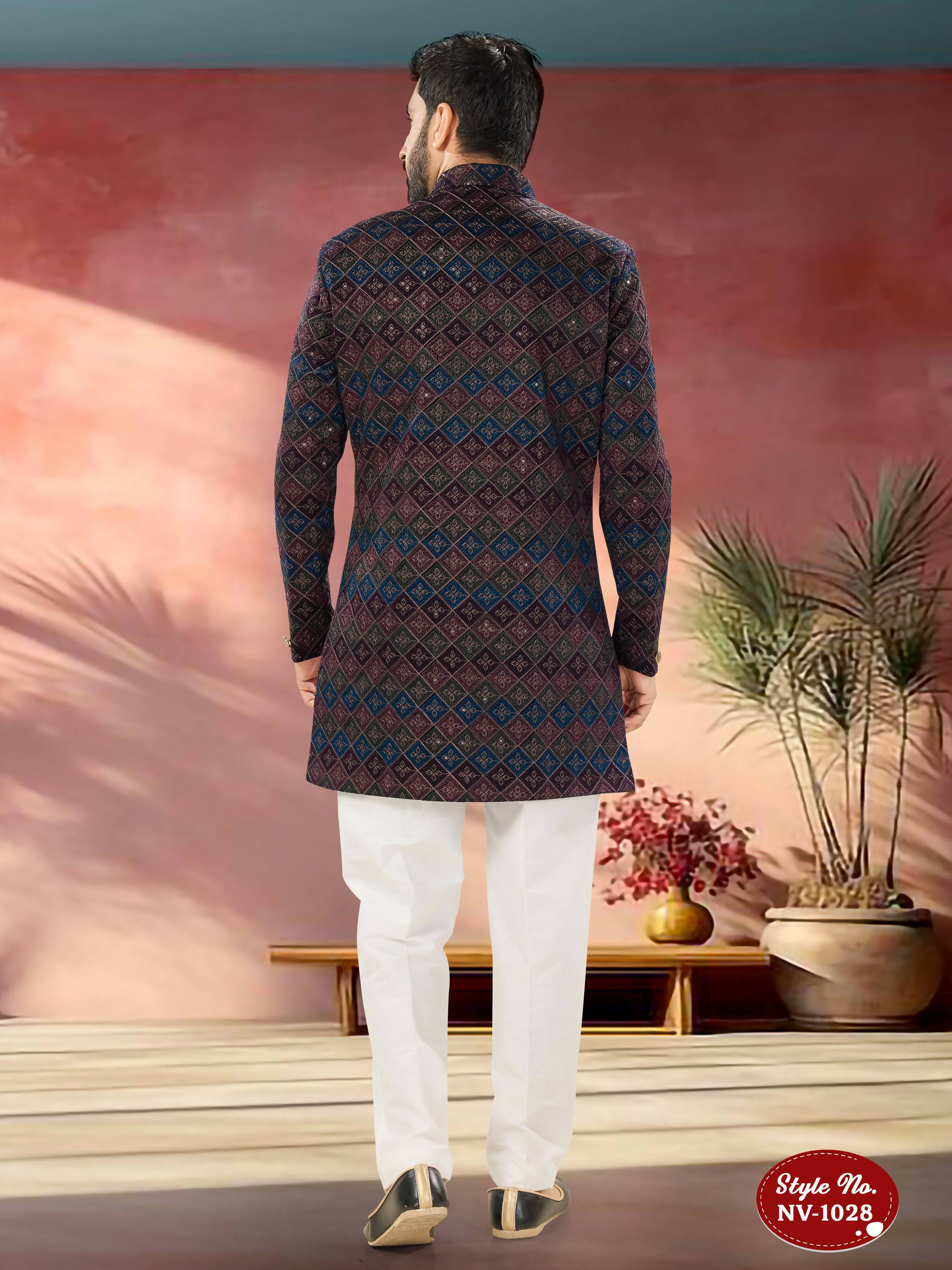 Joban Fashion Men's Blue Base ( Multi-Colour ) Straight Velvet Thread And Sequence Embroidary All Over Indo-Western Kurta Set