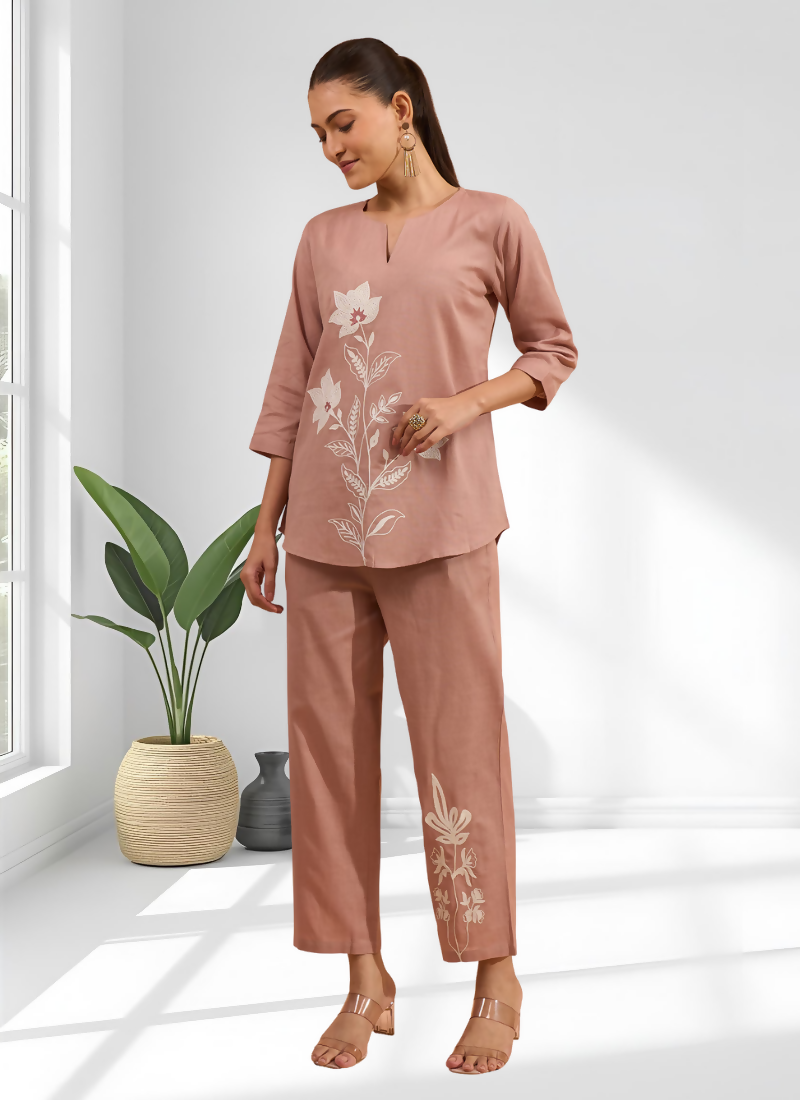 Joban Fashion Pink Cotton, Linen Embroidered Readymade Cord Set - Distacart