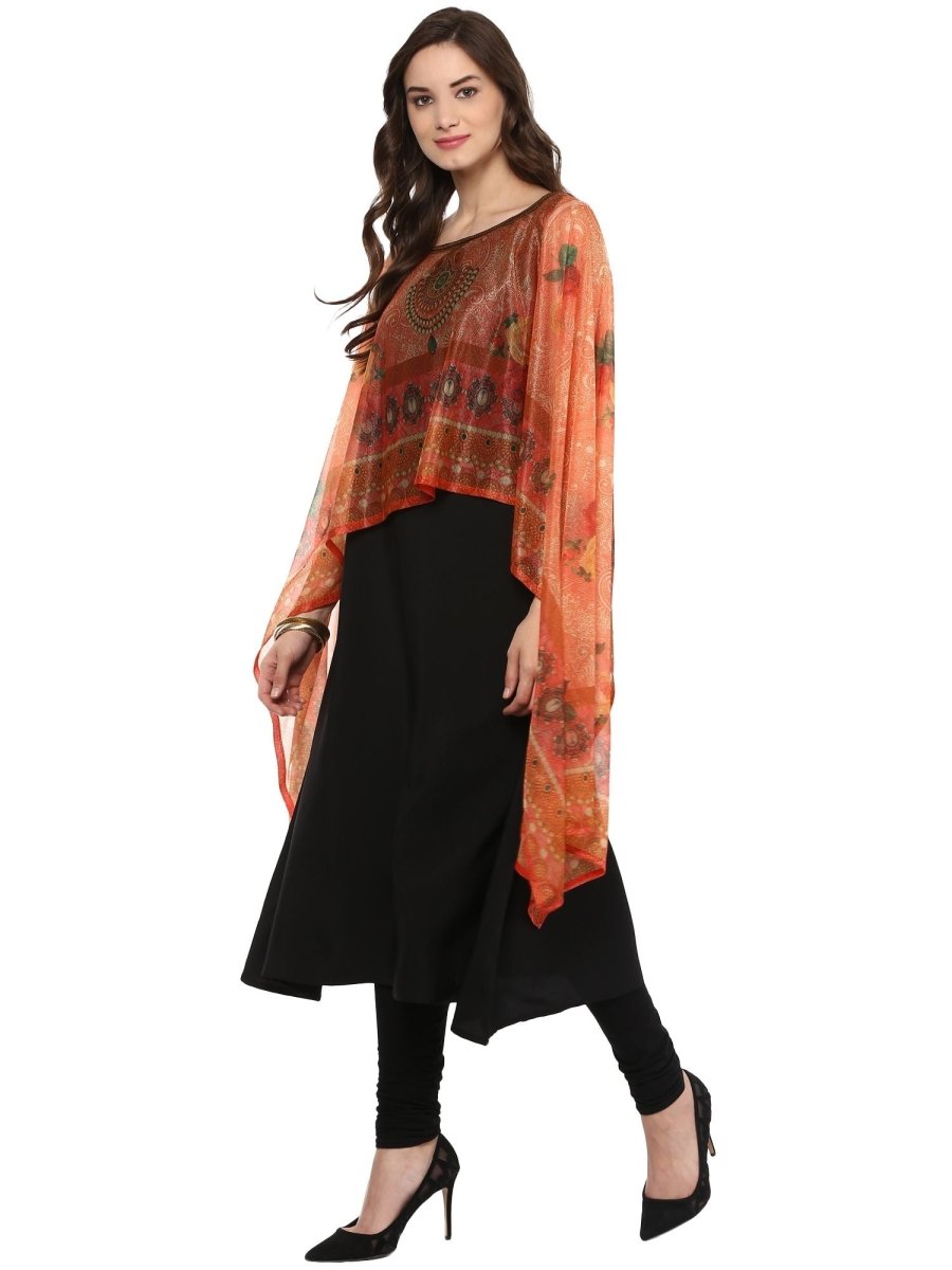 Ahalyaa Black Crepe Printed Kurta With Attached Dupatta For Women