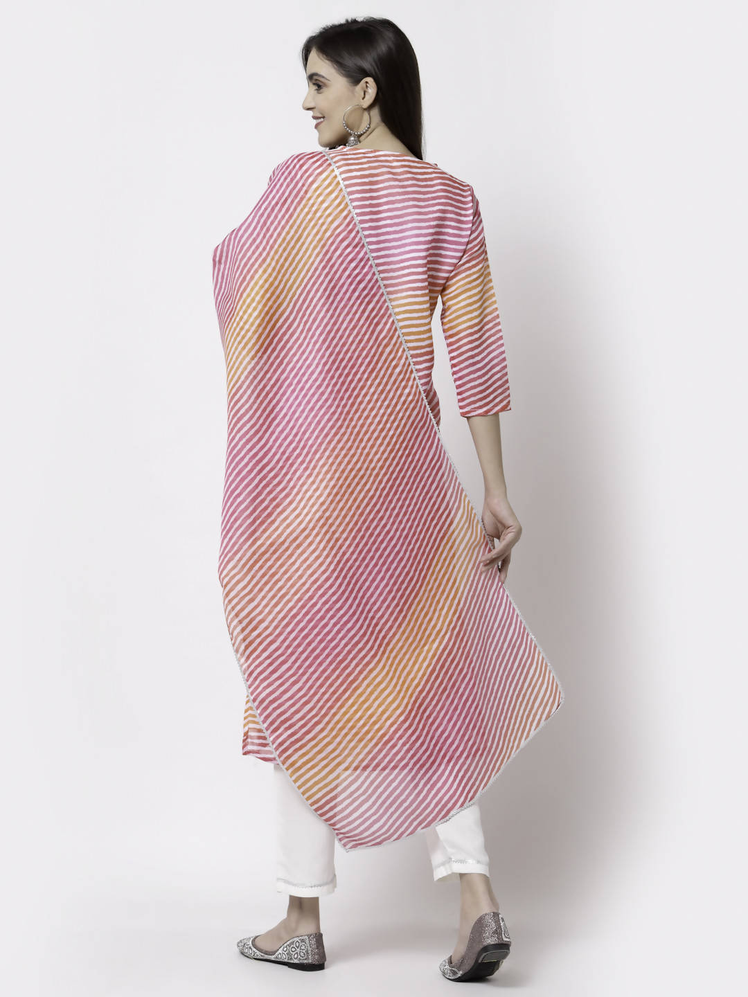 Myshka Pink Pure Cotton Printed 3/4 Sleeve Round Neck Kurta Pant Dupatta Set