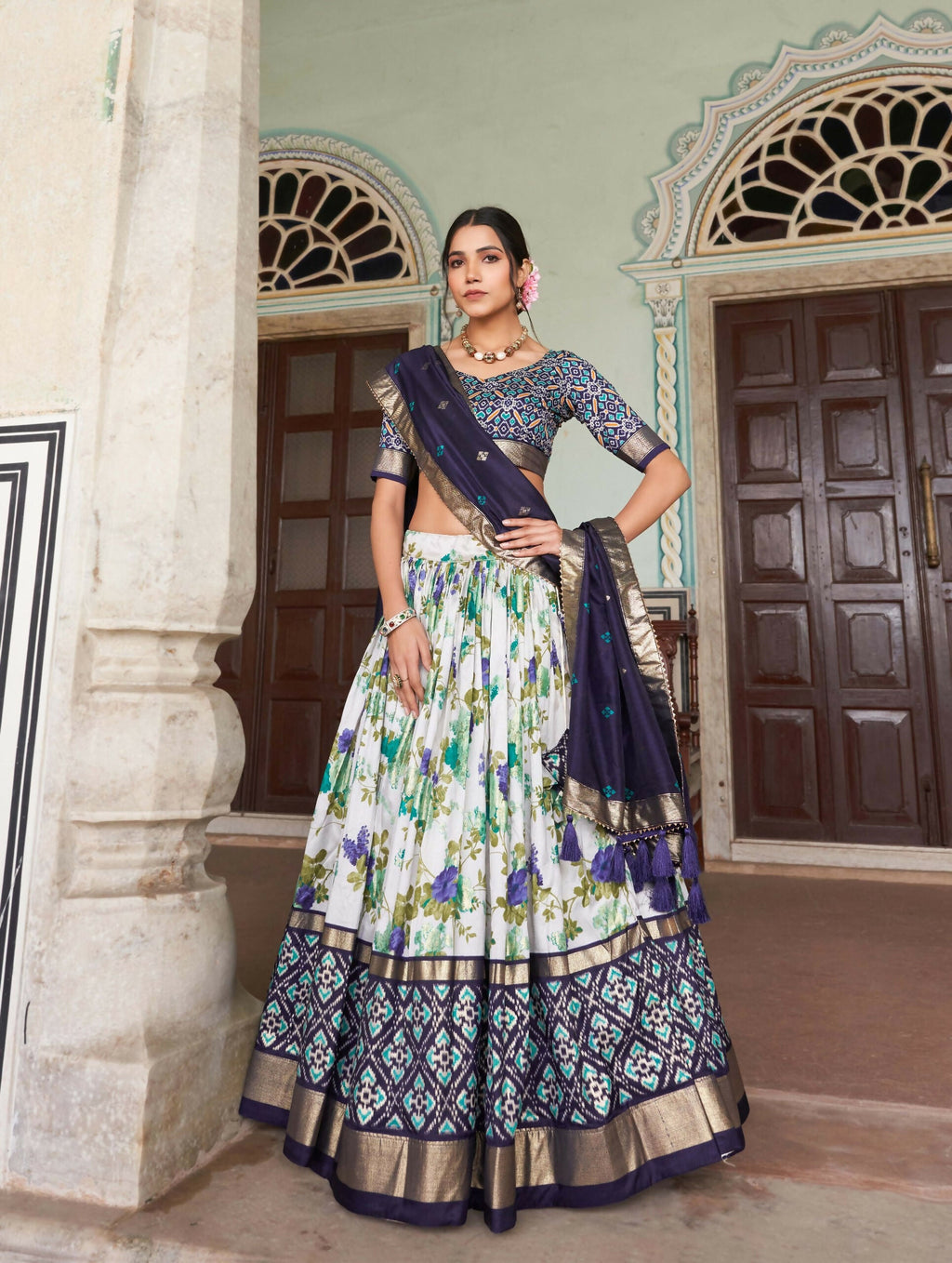 Vastranavya Exquisite Tussar Silk Lehenga Set With Perfect Floral And Patola Print Design Lehenga Choli - Navy Blue