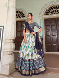 Vastranavya Exquisite Tussar Silk Lehenga Set With Perfect Floral And Patola Print Design Lehenga Choli - Navy Blue