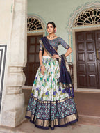 Vastranavya Exquisite Tussar Silk Lehenga Set With Perfect Floral And Patola Print Design Lehenga Choli - Navy Blue