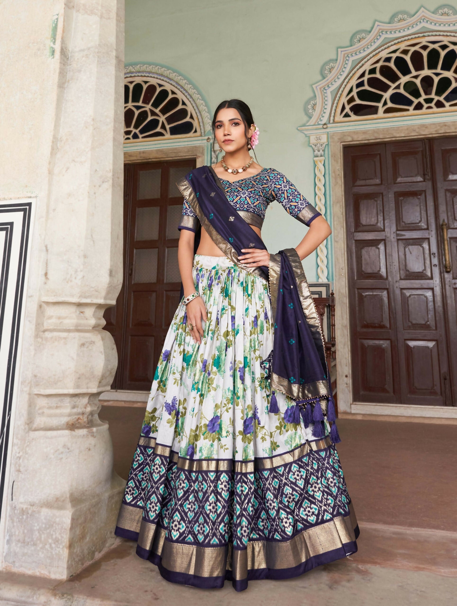 Vastranavya Exquisite Tussar Silk Lehenga Set With Perfect Floral And Patola Print Design Lehenga Choli - Navy Blue