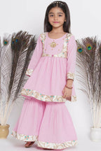 Little Bansi Floral Embroidery Jacket With Cotton Kantha Frock Sharara And Dupatta With Ghungroo Handwork - Pink