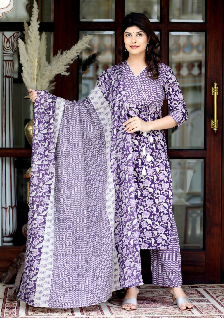 Miravan Women's Floral Block Printed Purple Angrakha Kurta And Palazzo With Dupatta Set