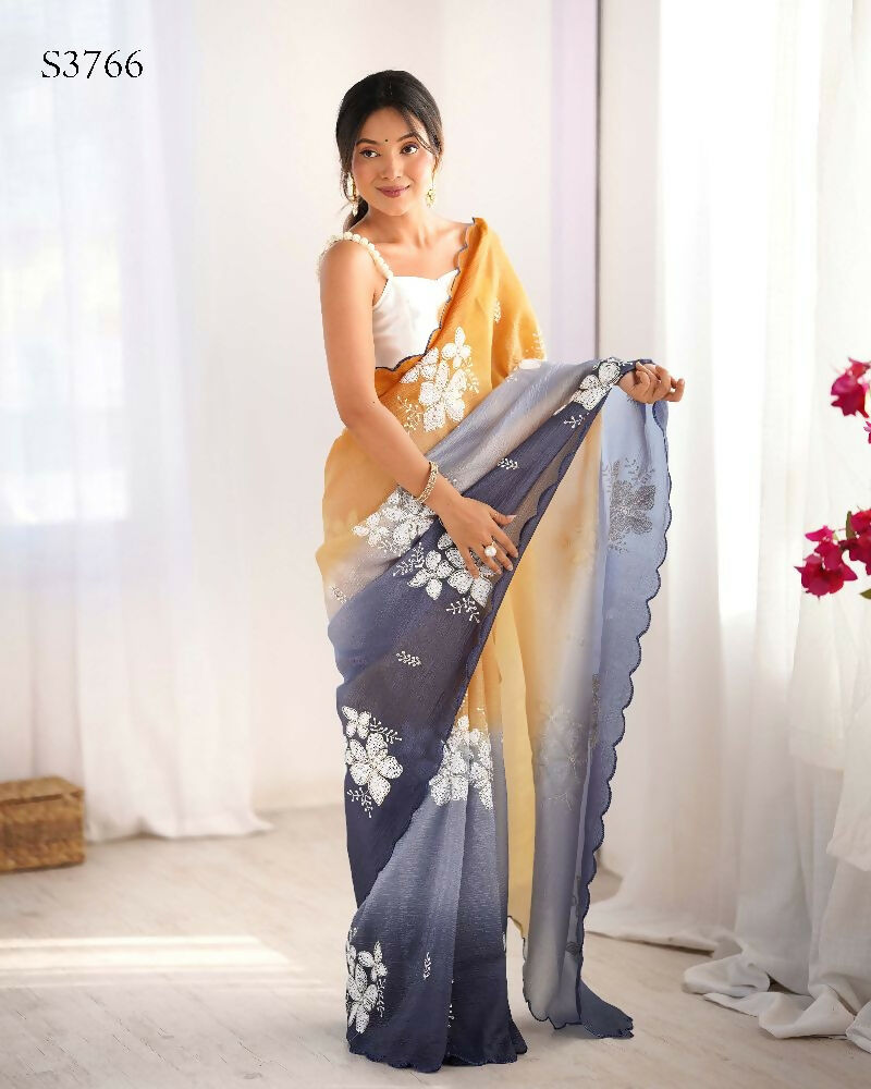 Orange and Grey Crunchy Crush Pedding Color Embroidery Work Party Wear Saree - Zuleika