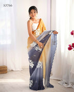 Orange and Grey Crunchy Crush Pedding Color Embroidery Work Party Wear Saree - Zuleika