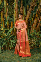 Jyoti Fashion Women's Peach Kanjivaram Silk Zari Woven Saree with Blouse