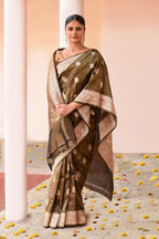 Joban Fashion Olive Green Banarasi Katan Pure Handloom Banarasi Silk Saree