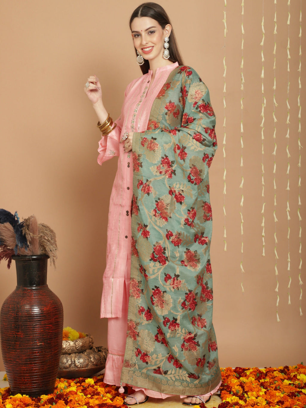 Jyoti Fashion Women's Peach Chanderi Silk Elegant Jardoshi Kurta with Trouser & Dupatta