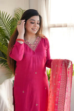 The52 Pink Women's Gorgeous Embroidered Vichitra Fabric Straight Kurta Pant with Dupatta Set - Distacart