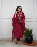 The52 Women's Beautiful Rayon Slub Fabric Embroidery Work Straight Kurta Pant and Dupatta Set - Distacart