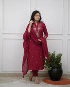 The52 Women's Beautiful Rayon Slub Fabric Embroidery Work Straight Kurta Pant and Dupatta Set - Distacart