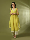 Myshka Women's Yellow Solid Georgette Anarkali Party Kurta Set With Dupatta