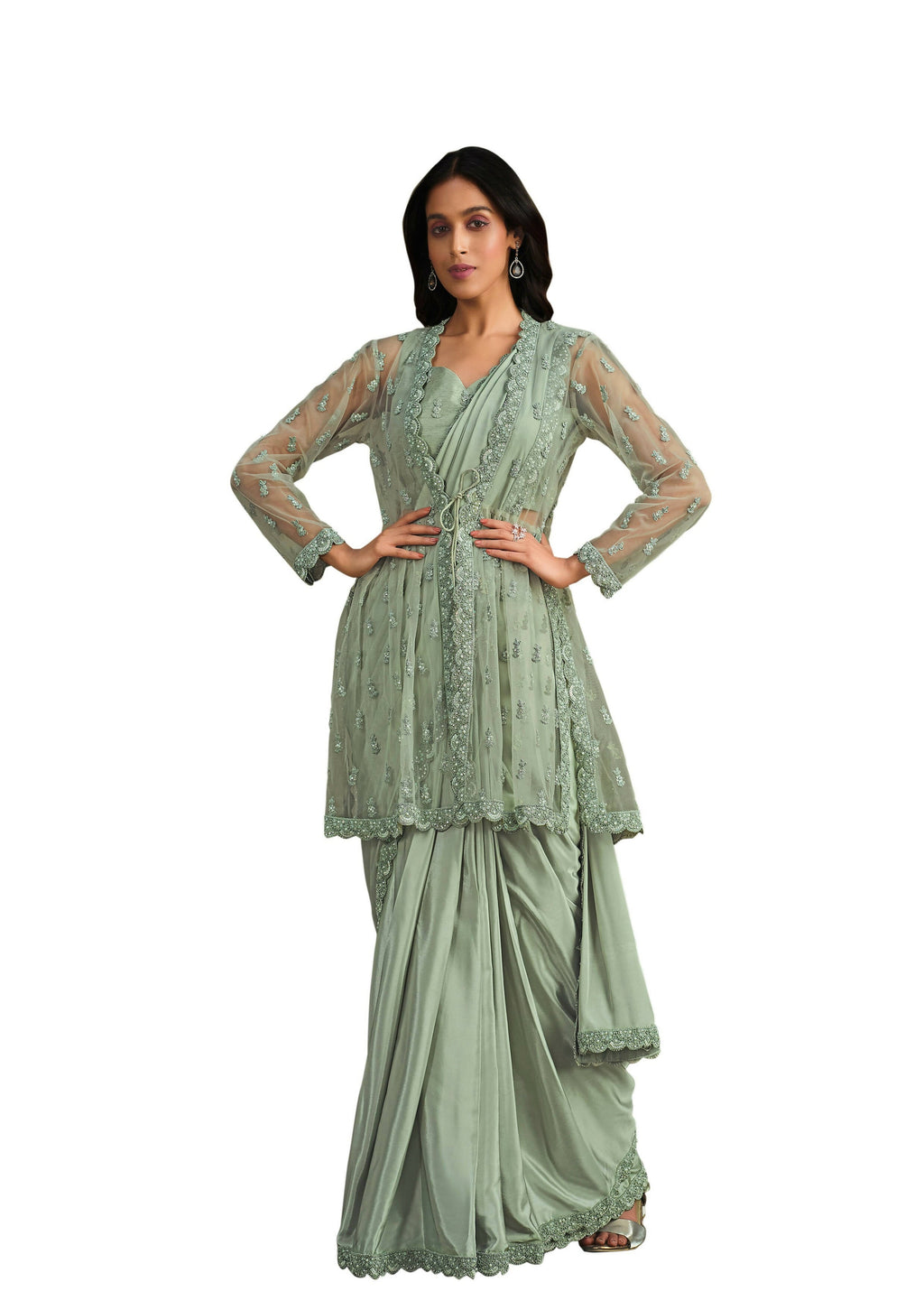 Sea Green Crepe Silk Sequence Embroidered With Stone & Sequence Work Jacket Saree With Stitched Blouse - Mohmanthan La Belle
