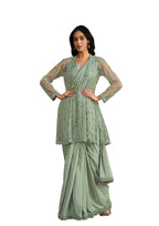 Sea Green Crepe Silk Sequence Embroidered With Stone & Sequence Work Jacket Saree With Stitched Blouse - Mohmanthan La Belle