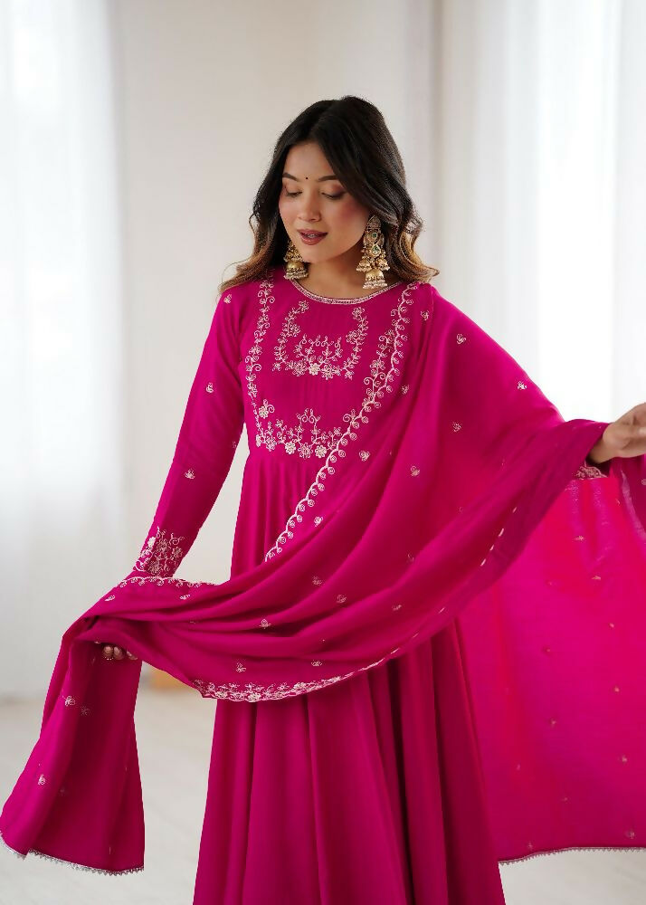 Joban Fashion Dark Pink Kurta Set Chanderi Sequence Embroidery Work - Distacart