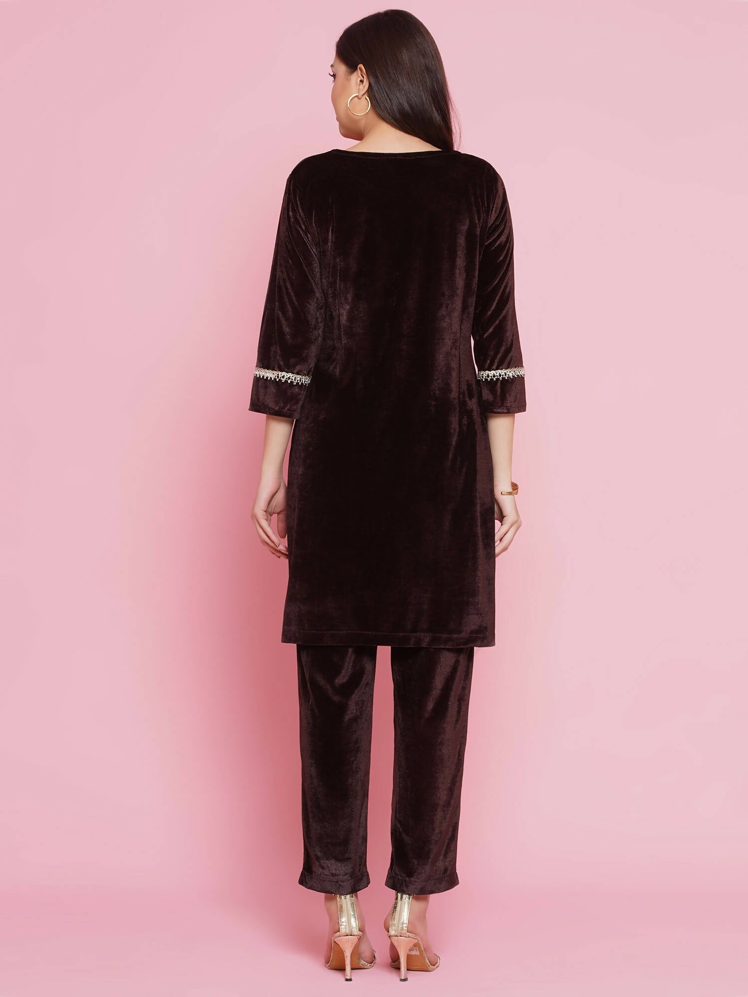 Women Republic Brown Velvet Embellished Co-Ord Set - Distacart