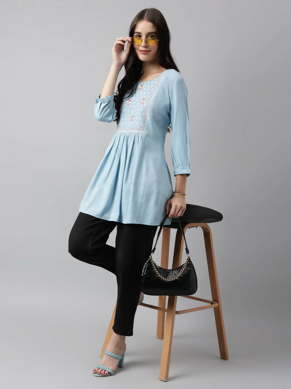 Light Blue Rayon Yoke Embroidered A-line Top - Tarini