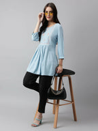 Light Blue Rayon Yoke Embroidered A-line Top - Tarini