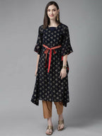 Ahalyaa Women Navy Blue Georgette Gold Printed Kaftan Kurta - Distacart