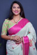 Jyoti Fashion Women's Magenta Linen Silk Digital Print with Jacquard Woven Border Saree with Blouse