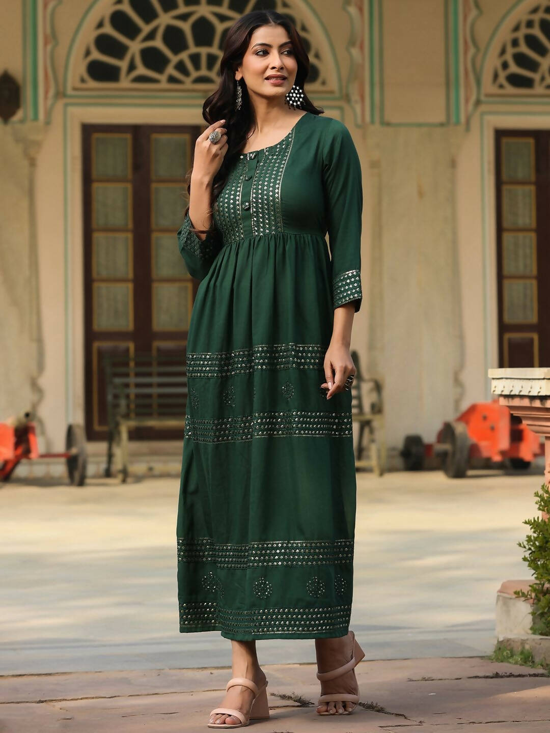 Juniper Women's Green Festive Embroiderd Flared Dress - Distacart