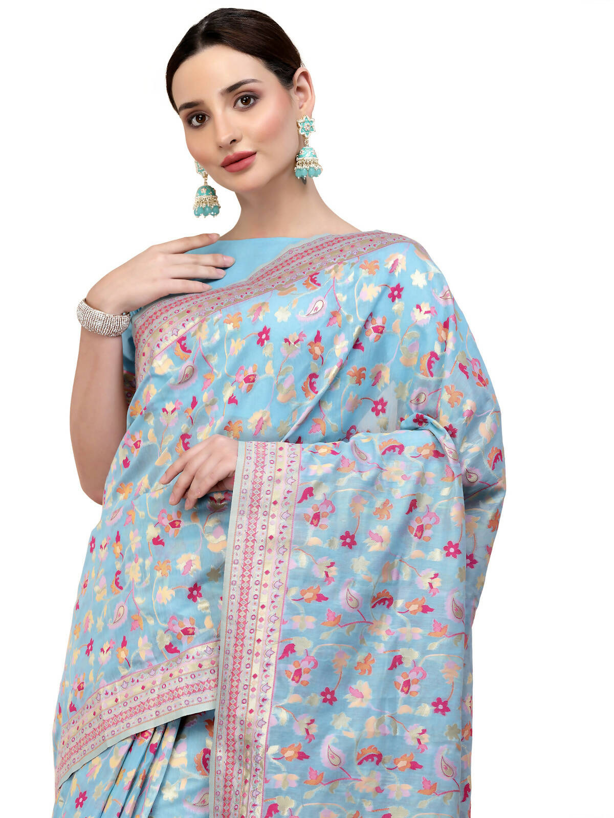 Blue Silk Blend Woven Design Saree With Unstitched Blouse Piece - Aloki