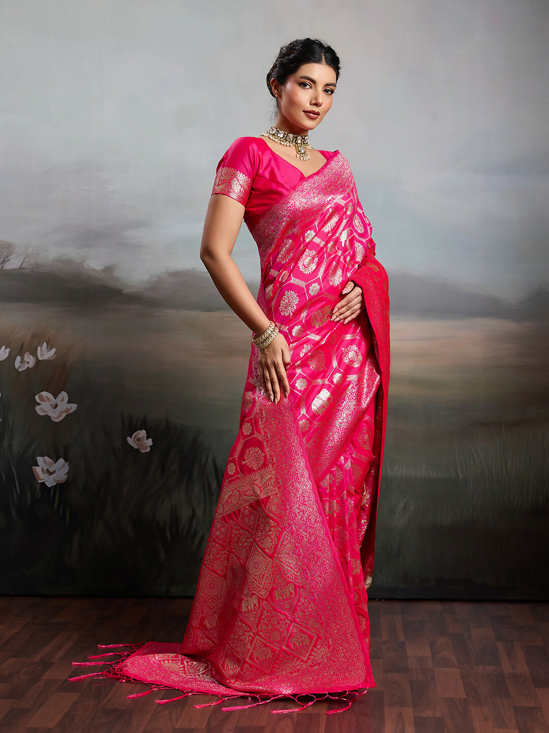 Shree Shyam Fashion Rani Pink Silk Blend Saree - Distacart
