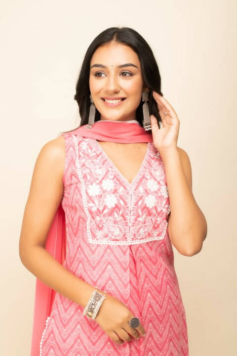 FIORRA Women's Peach Cotton Straight Kurta Palazzo Set With Dupatta