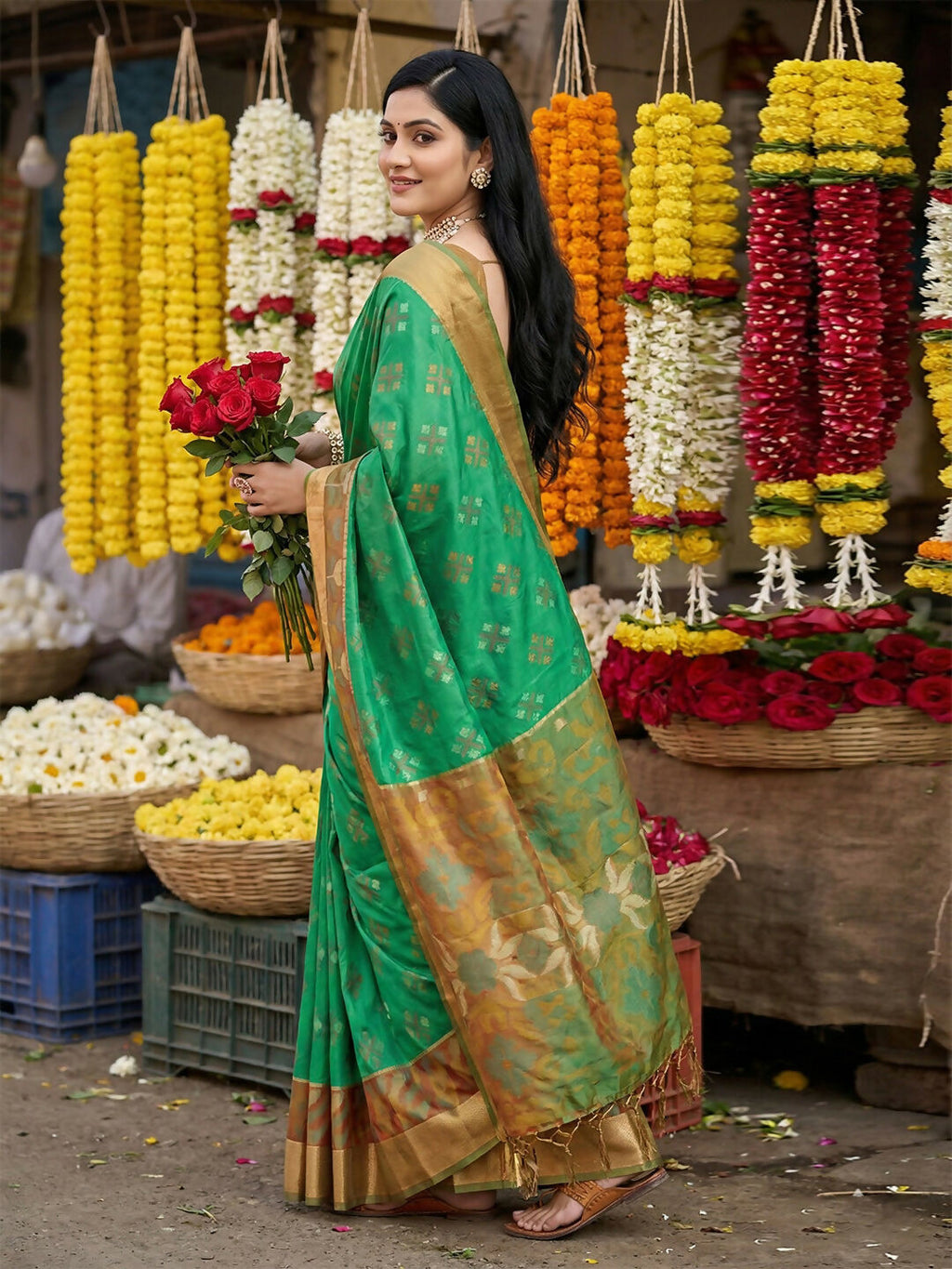 Shree Shyam Fashion Green Pochampally Silk Saree - Distacart