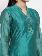 Myshka Women's Green Silk Solid Full Sleeve Mandarin Neck Casual Anarkali Gown