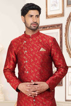 Raivat Ethnic Banarasi Jacquard Embroidery Semi Indo Western Sherwani In Maroon Colour