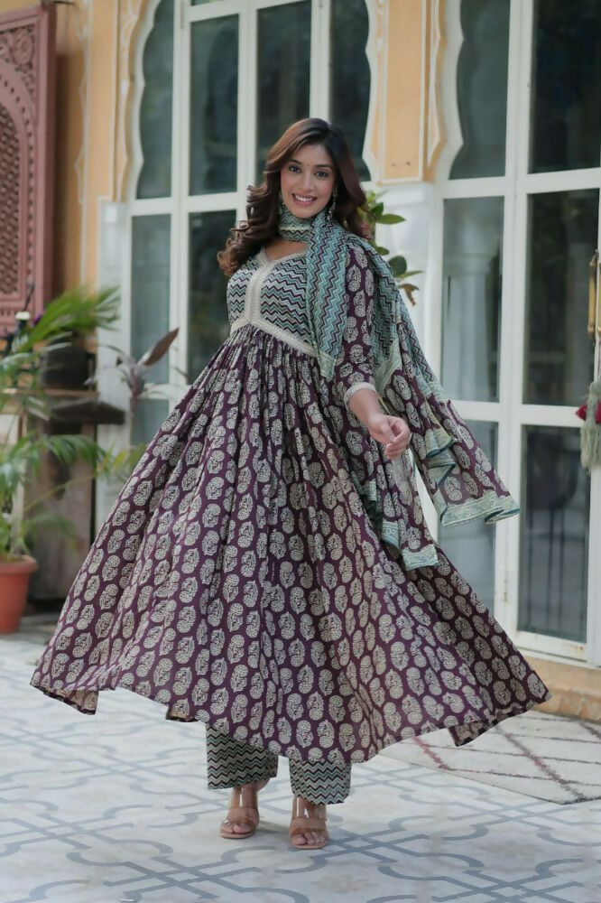 Vastranavya Wine Pure Cotton Printed Top with Pant & Dupatta Set