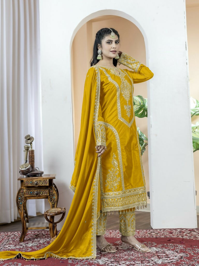 Teeya Creation Yellow Color Chinnon Silk Embroidery Work Fully Stitched Salwar Suit - Distacart
