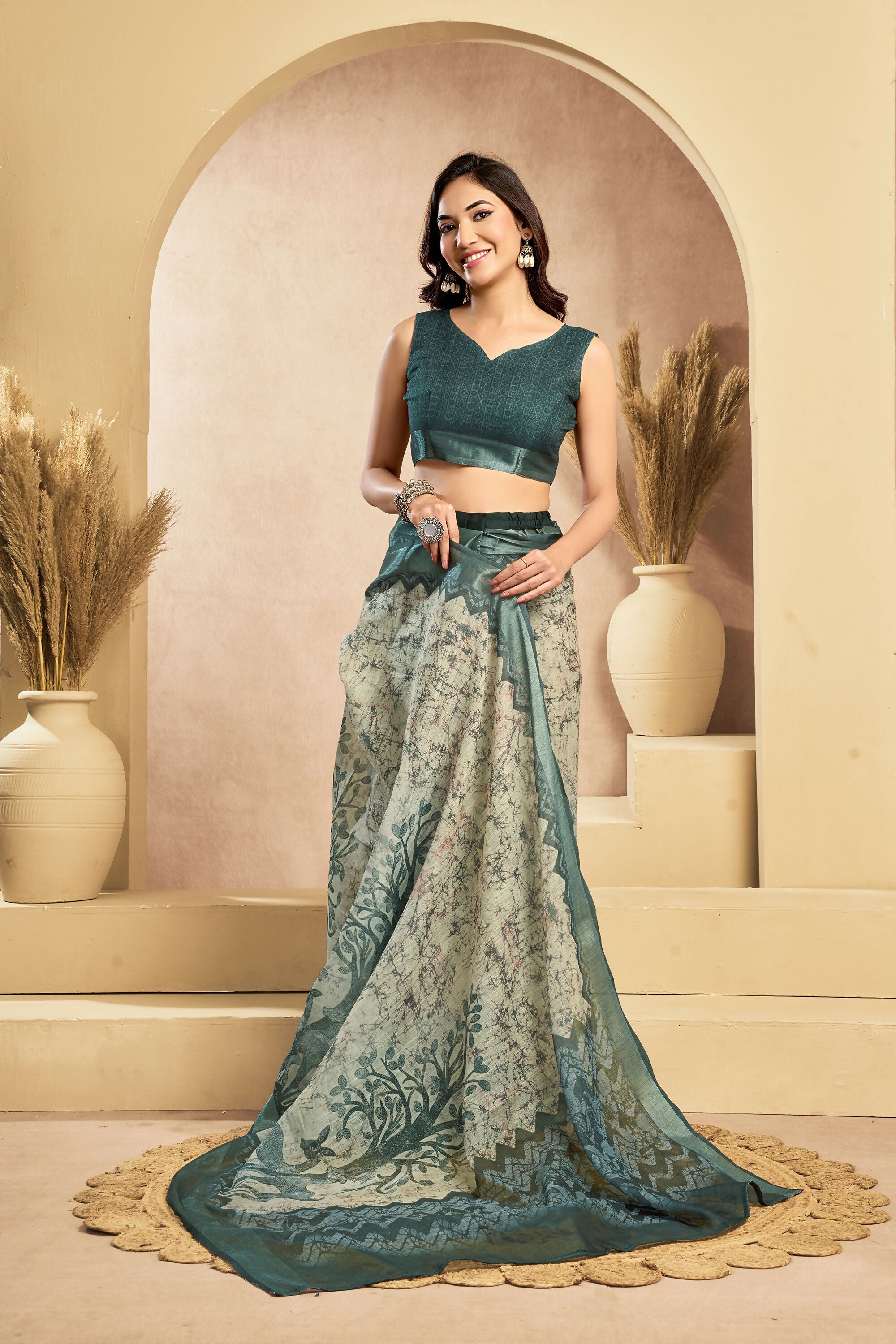 Vastranavya Digital Printed Linen Ready To Wear Designer Saree with Unstitched Blouse - Distacart