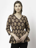 Myshka Printed 3/4 Sleeve V-Neck Casual Pure Cotton Top For Women
