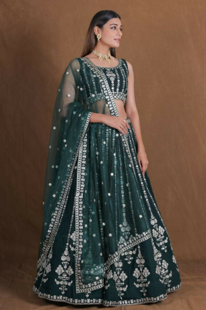 Bottlegreen Georgette Zari,Sequence Thread Embroidery Work Lehenga Choli - Jihu Culture